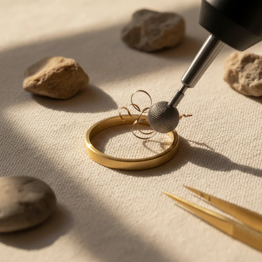 A round bur cutting a seat for a cabochon inside a bezel, swarf curling away.