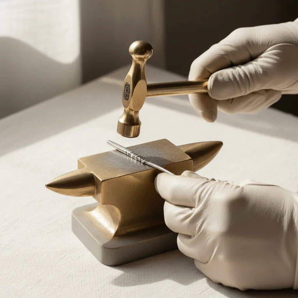 Side-angle shot of a jeweller forging a tapered silver wire on a small anvil with a chasing hammer, the wire showing visible compression at the impact point. Hands gloved but minimal — just the strike captured. Editorial sharpness.