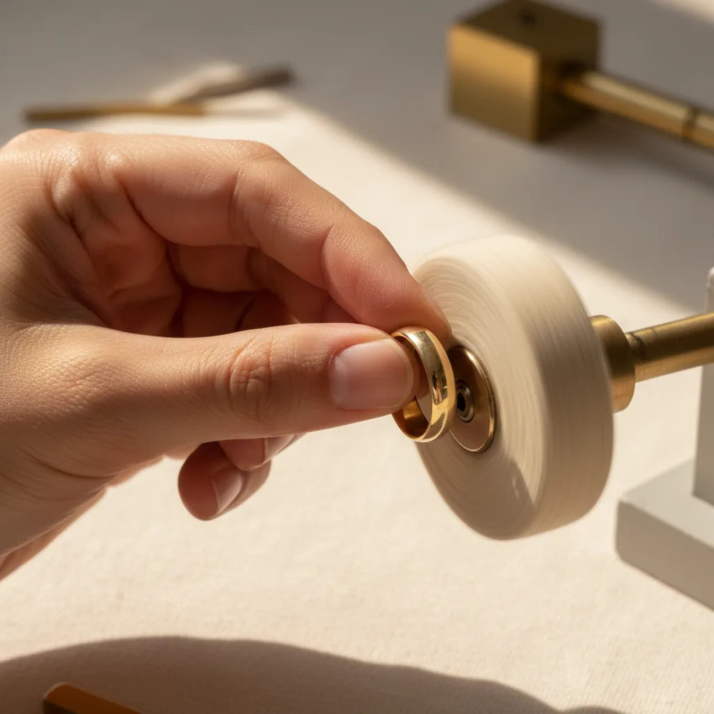 A hand holding a ring against a polishing mop, fingers clear, secure grip.