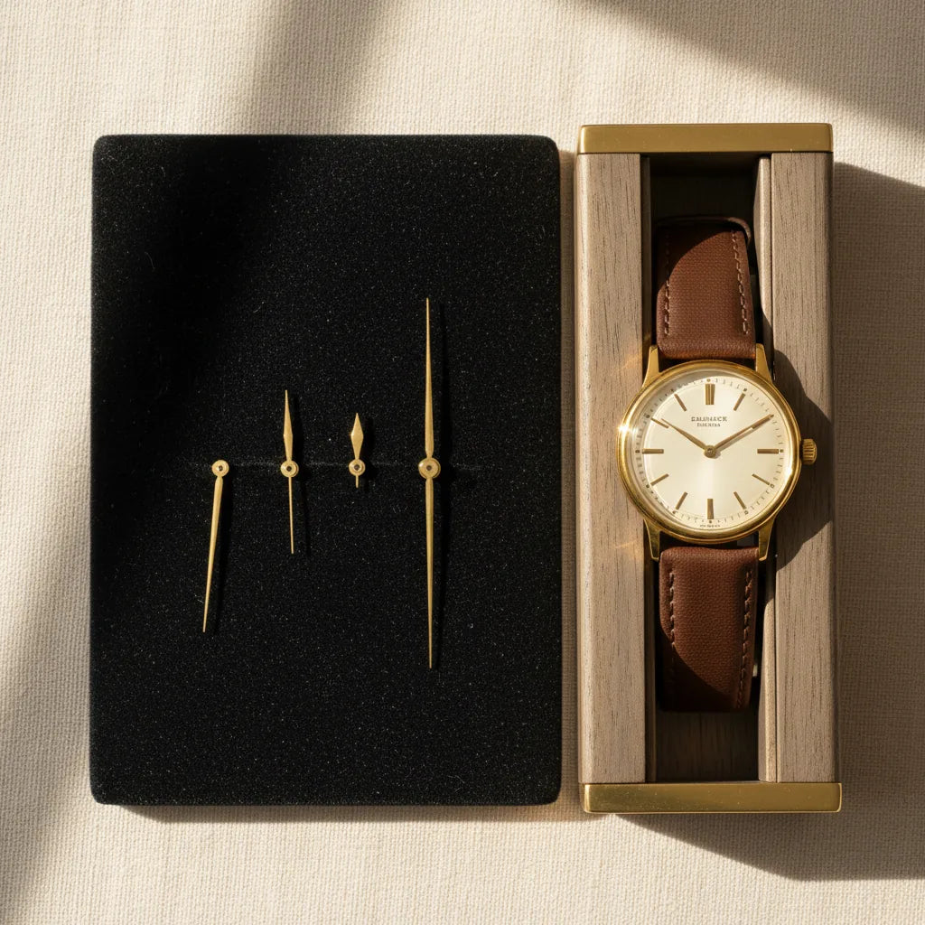 Overhead studio shot of three watch hands (hour, minute, second) lying on a black velvet pad next to a wooden case holder containing the watch. The hands are arranged in size order. Sharp focus, clean composition.