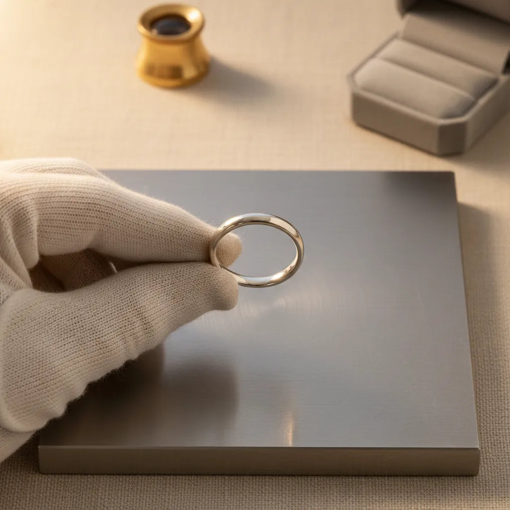 Close-up of a ring shank being checked for trueness on a flat steel surface plate, viewed end-on so any wobble in the shank would be visible. Lit from above with a soft direct light.