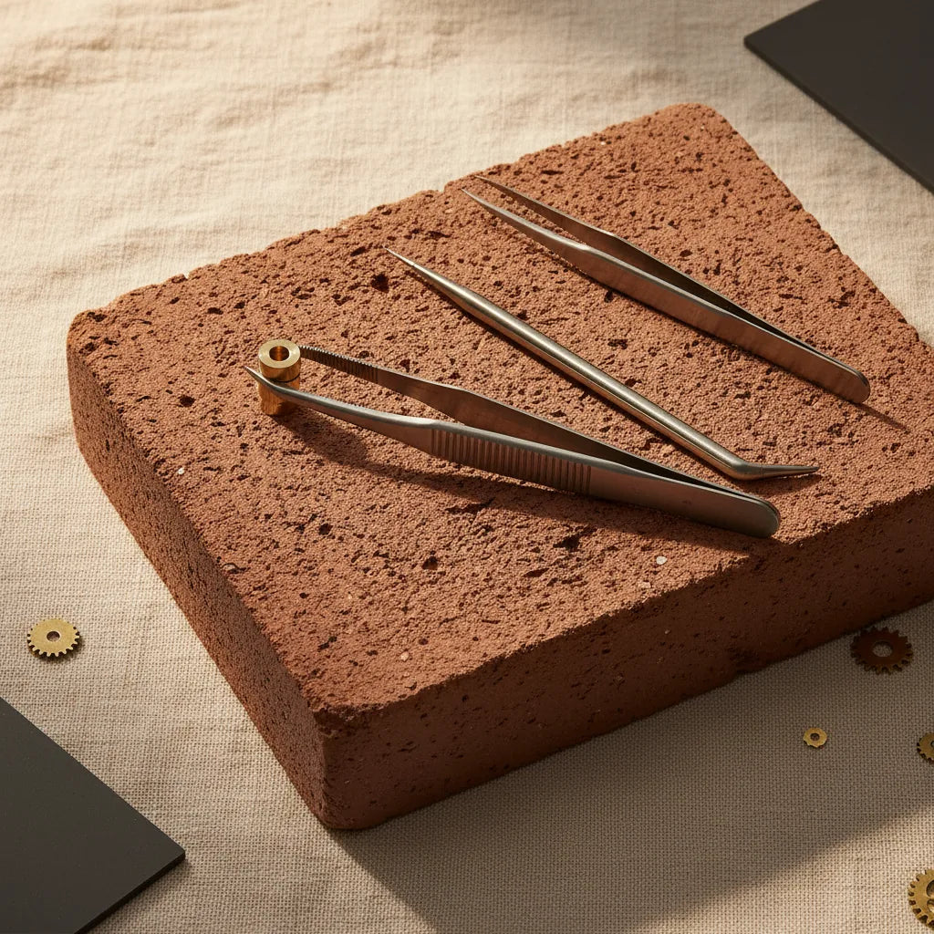 A collection of soldering tools including reverse-action tweezers, a titanium probe, and fine-point tweezers on a firebrick.