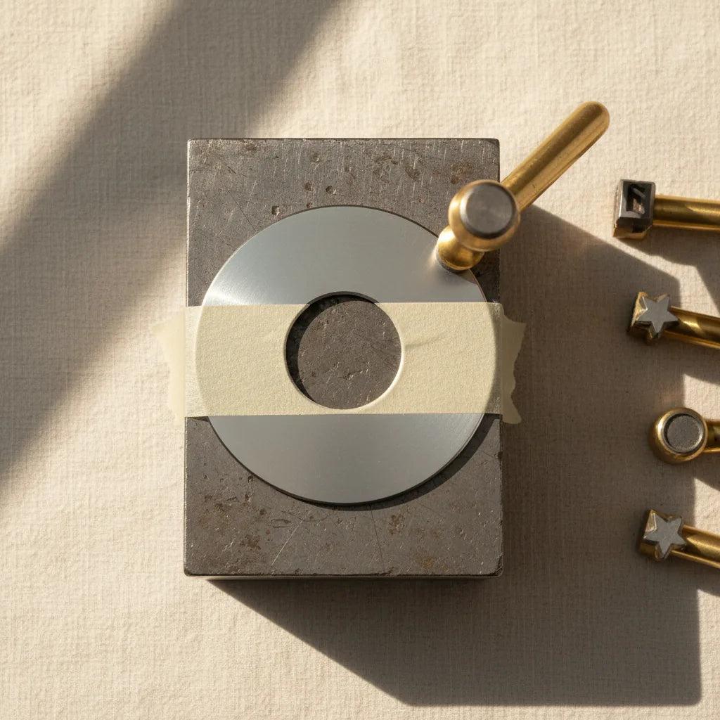 Overhead photograph of a steel anvil block with a flat silver disc resting on it, the disc taped down with a single strip of masking tape leaving the centre exposed for stamping. Setup shot showing how to register stamps for repeatability.