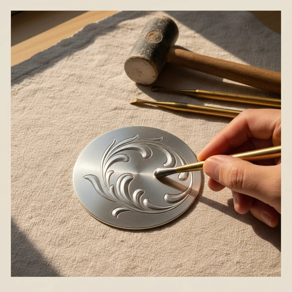 A simple leaf design being chased on the front of a silver disc after the initial repoussé work.
