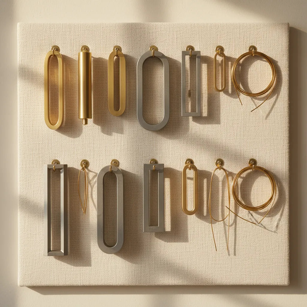 A collection of various mandrels, including oval and square profiles, hanging on a workshop wall.