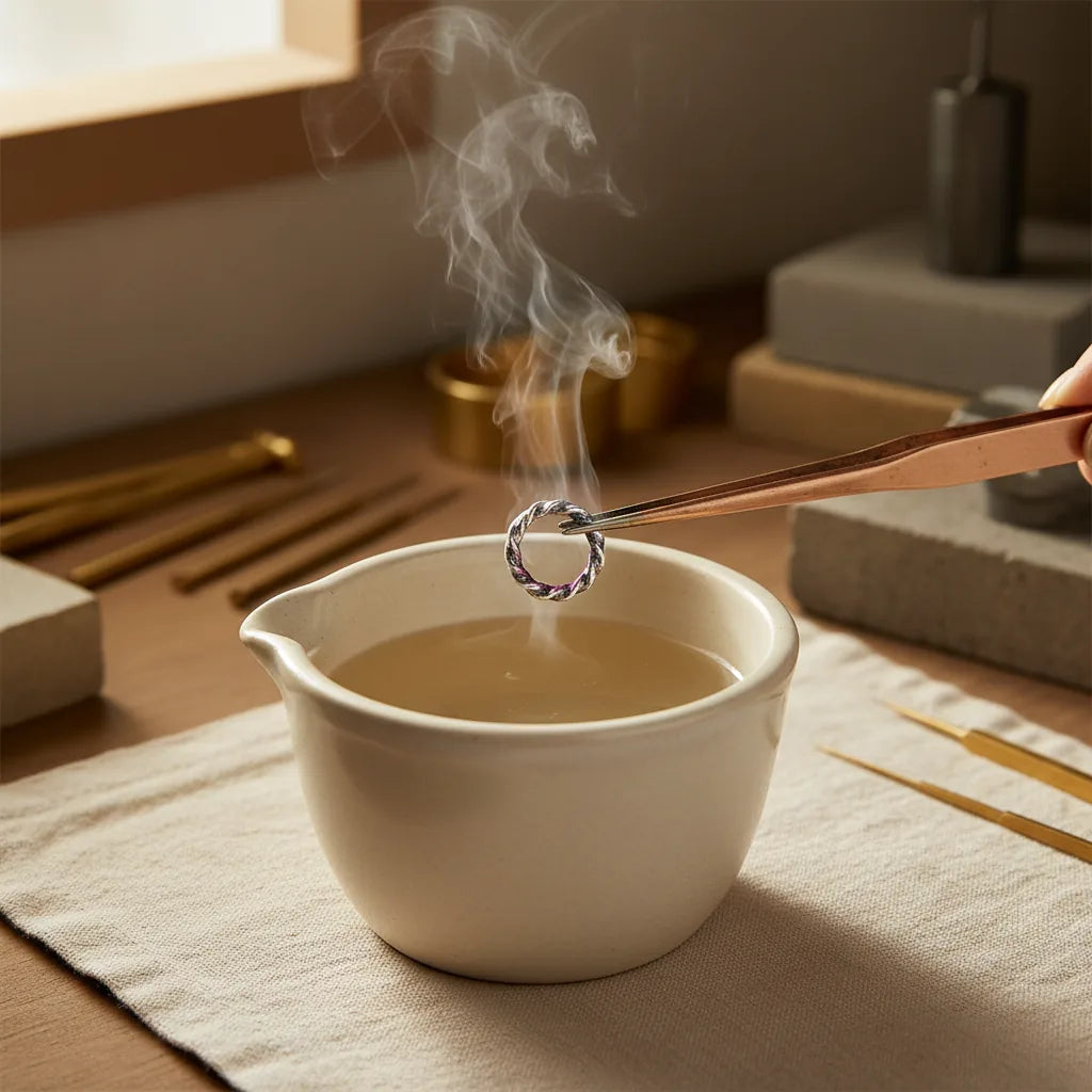 Photograph of a soldered piece being dropped into a small ceramic pickling crockpot with copper tweezers. Steam rising. The pickle bath visible inside, pale-amber liquid. Workshop atmosphere, warm light.
