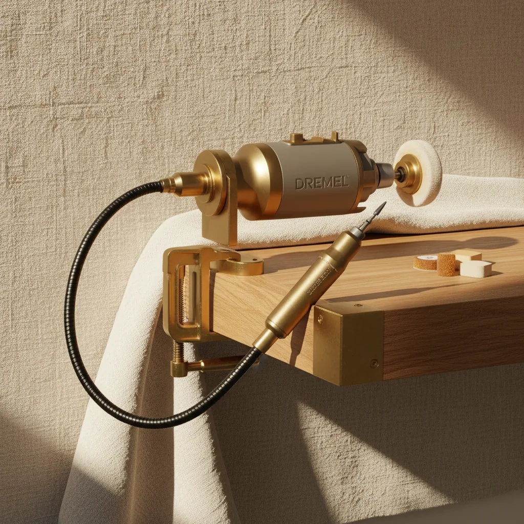 A Dremel pendant motor clamped to the side of a bench, illustrating a sensible alternative to a full polishing motor.