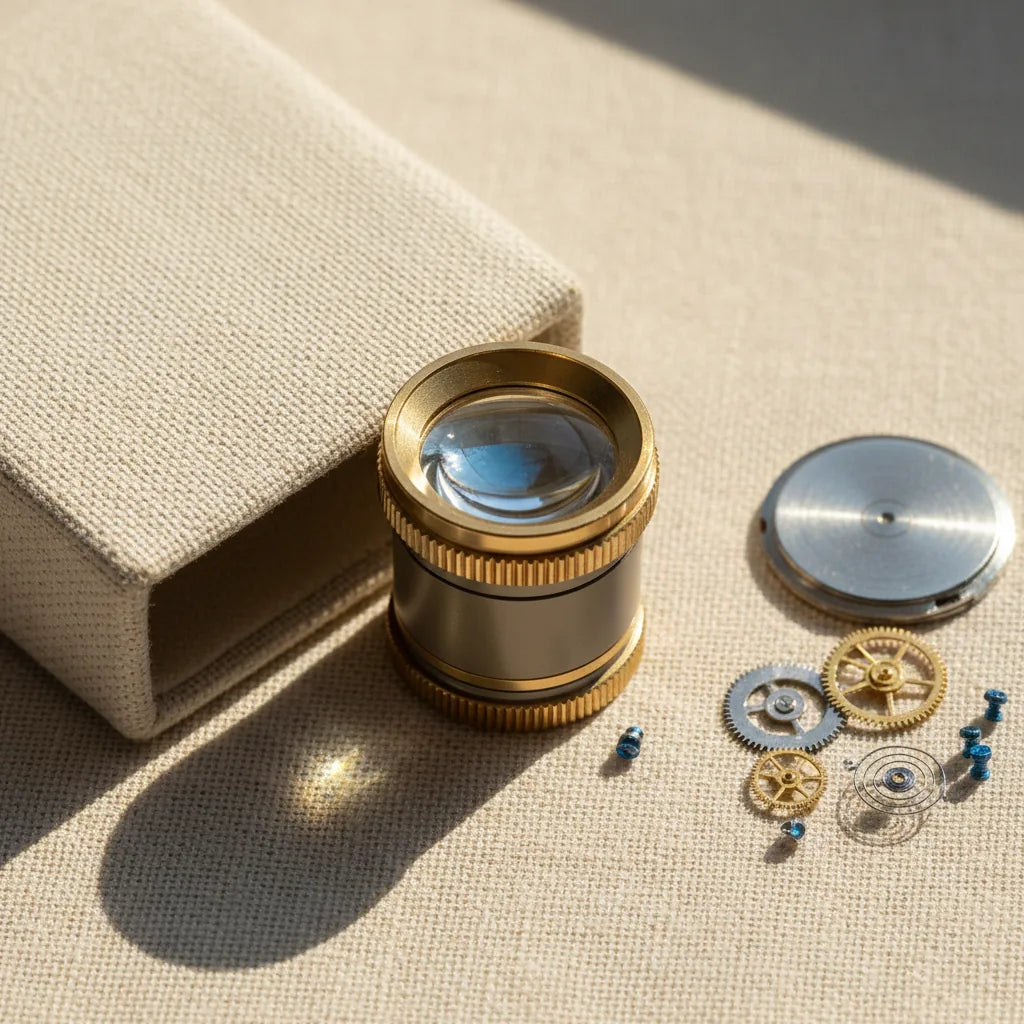 Overhead studio shot of a 10x21 mm jeweller's loupe in its case, opened to reveal the optical element, beside a tiny disassembled watch movement (just the case-back and a few small parts visible). Sharp focus on the loupe.