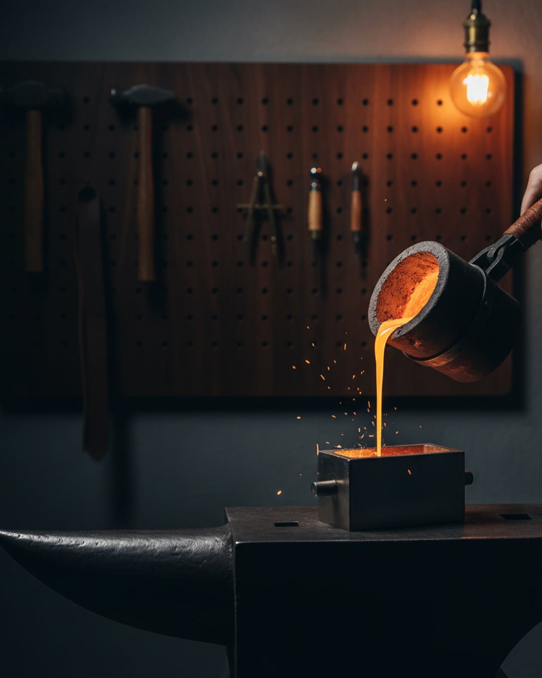 Pouring molten gold from a crucible at the Birmingham bench
